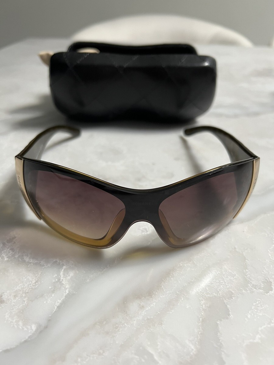 Chanel Vintage Shield Sunglasses Quilted Brown Sides Gold