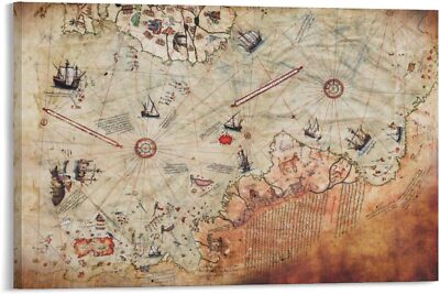 Antique Map Canvas Art, Map Poster, Vintage Map Art, Piri Reis World Map