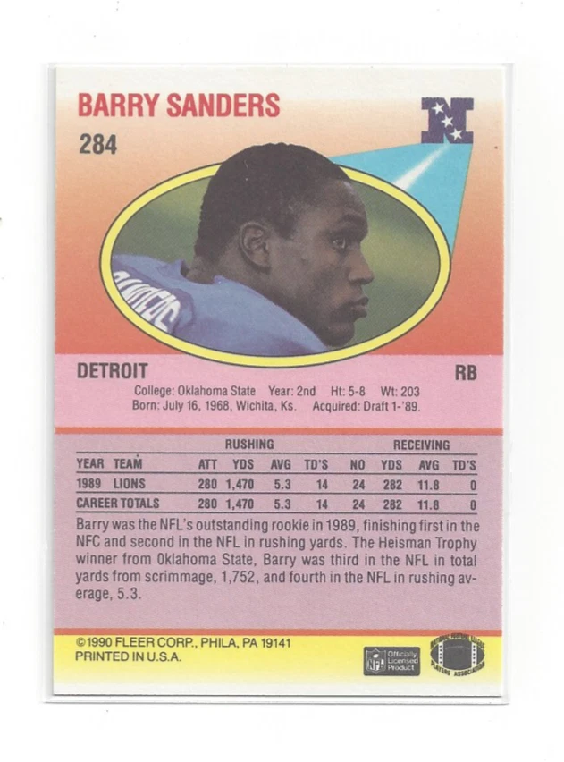 Barry Sanders 1990 Fleer #284 Detroit Lions HOF RB NFL Football Card