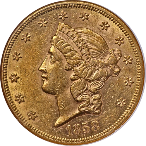 1858-P Liberty Gold $20 NGC AU58 Great Eye Appeal Strong Strike