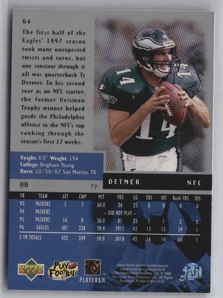1998 Black Diamond Football Card #64 Ty Detmer - Image 2 of 2