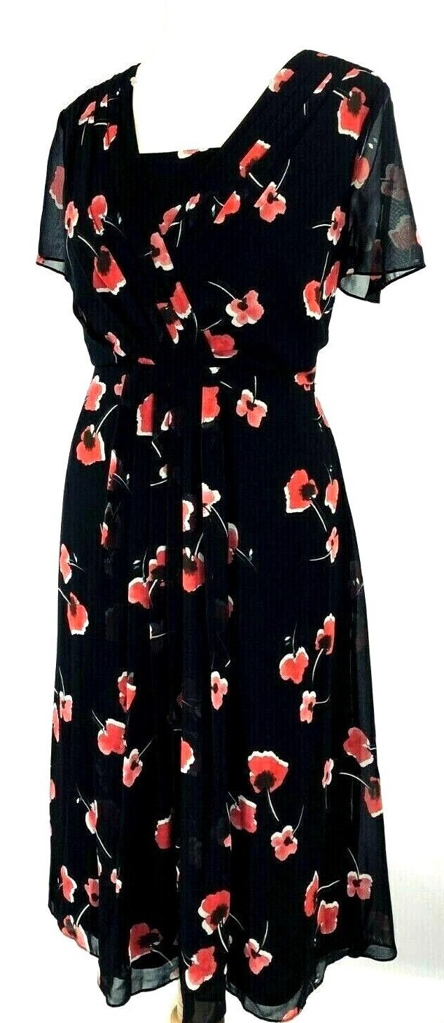 New Jacques Vert Dress 16 18 20 Chiffon Pleated Black Faux Wrap Floral RRP £159 image 9