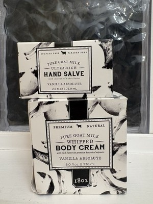 Beekman 1802 Vanilla Absolute Goat Milk Body Cream 8oz & Hand Salve 2.5oz Set