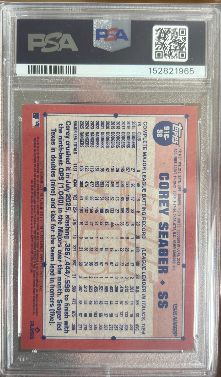2026 TOPPS SILVER PACK 1991 CHROME PROMO #91C-58 COREY SEAGER AUTOGRAPH view 2