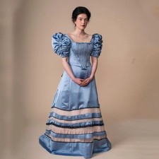 Blue Victorian 1820s Ball Gown Short Sleeve Satin Tiered Historical Period Dress