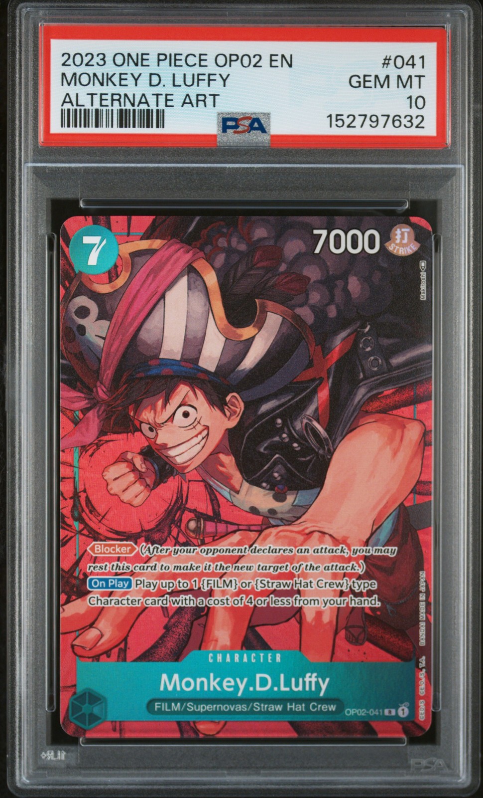 PSA GEM MT 10 - Monkey D. Luffy 041 ALT ART One Piece Op02-Paramount War