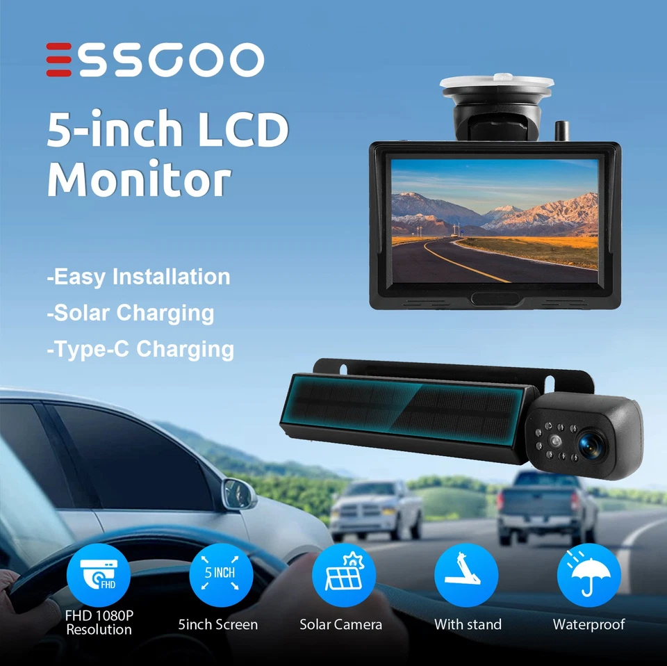 Magnetic Solar Wireless Backup Camera 5'' Monitor W/Camera car truck Trailer Bus - Image 2 of 4