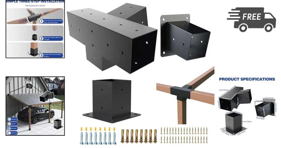 Pergola Kit Slanted Roof Bracket Set Wall Mount Metal Hardware 4x4 Inch - Image 2 of 4