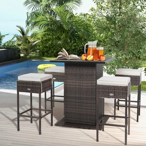 5PCS Patio Bar Set Rattan Bar Furniture Set w/ Table & 4 Cushioned Stools Off