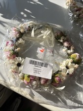 Soft Pink White Flower Crown Wedding Quinceanera Communion Boho Rose with Ribbon