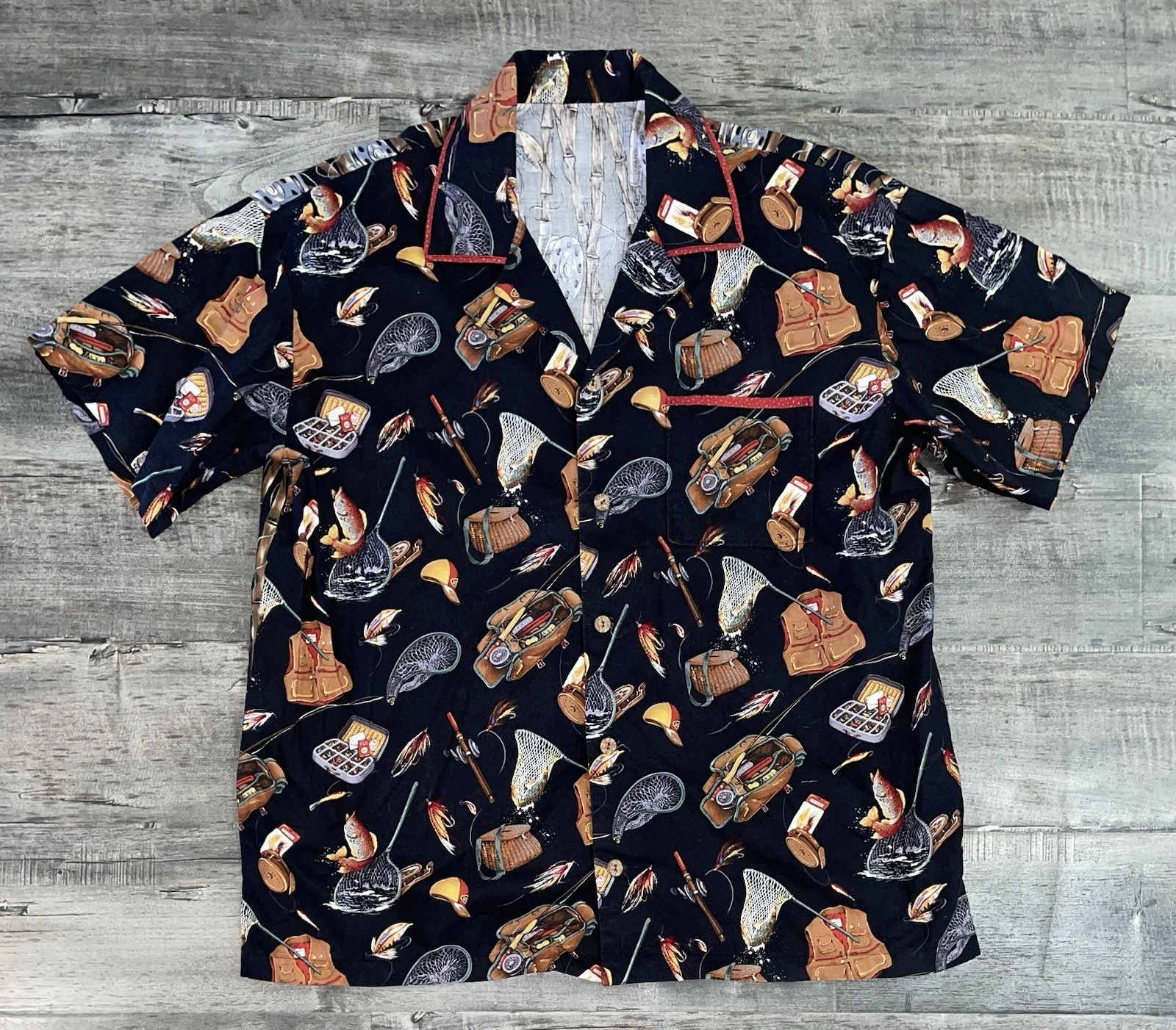 VTG Hawaiian Men’s Shirt Fishing Theme XL Cotton Linen