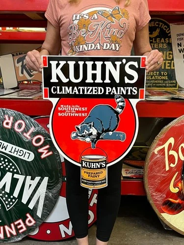 Vintage Style Metal Sign Kuhns Paint Racoon NOT Porcelain 22x16 Made USA
