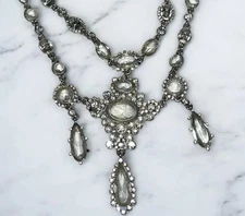 Vintage Victorian Revival Rhinestone Cubic Zirconia Silver Tone Bib Necklace