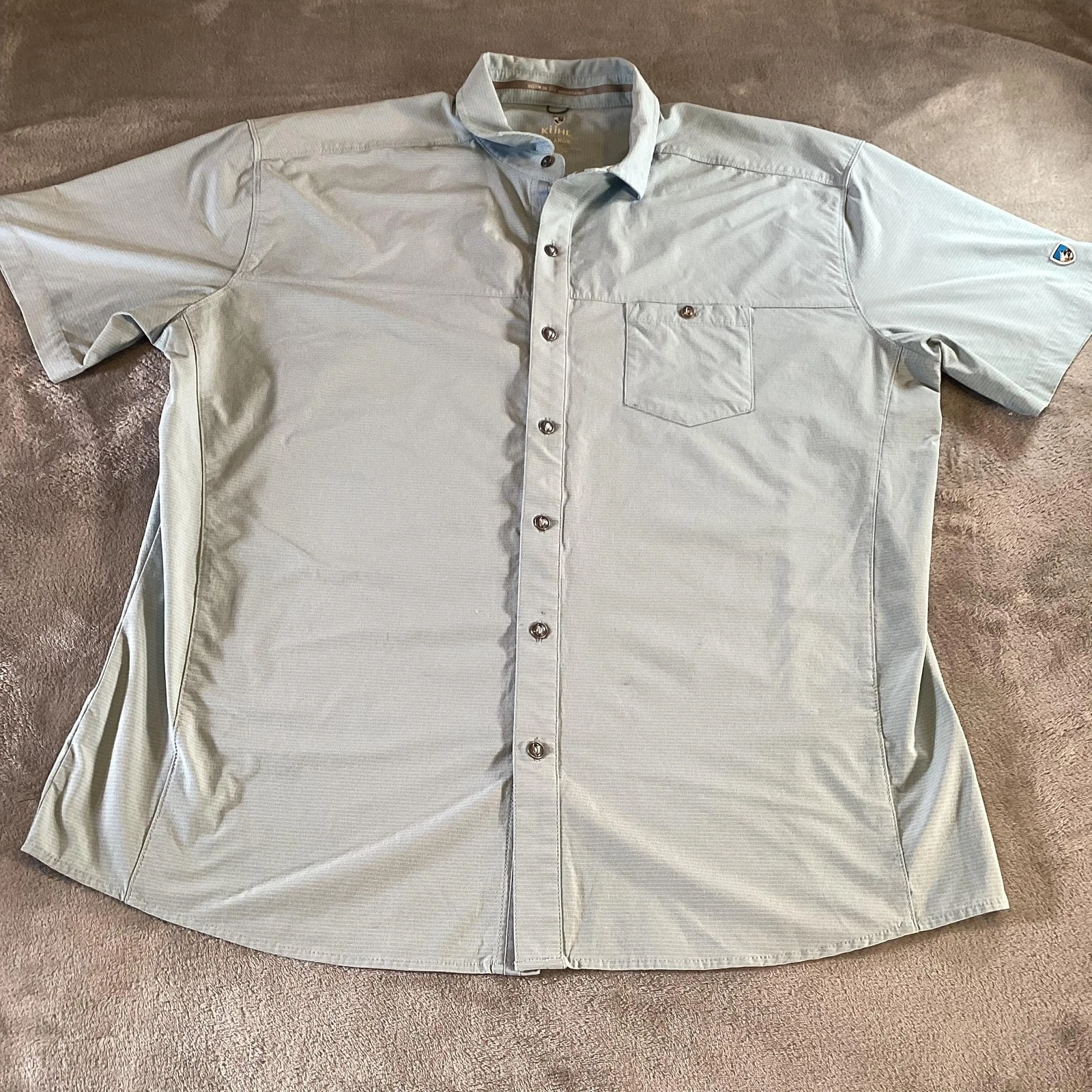 Kuhl Shirt Mens 2XL Light Blue Short Sleeve Button Front Hiking Trail Outdoor