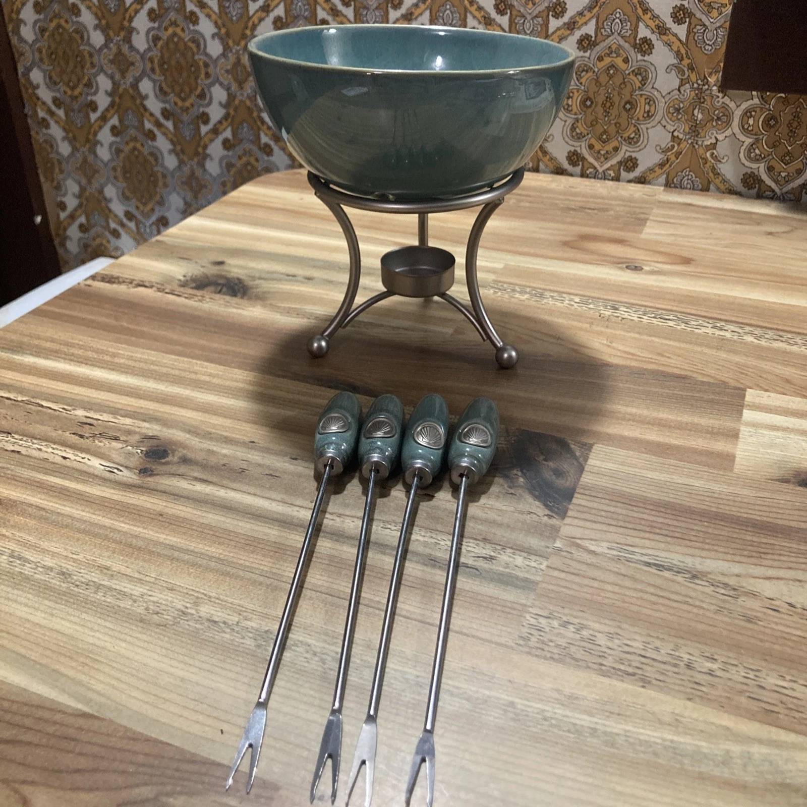 VTG Pfaltzgraff Co Boston Warehouse Teal Fondue Shell Set 6pc Set Cheese Chocola