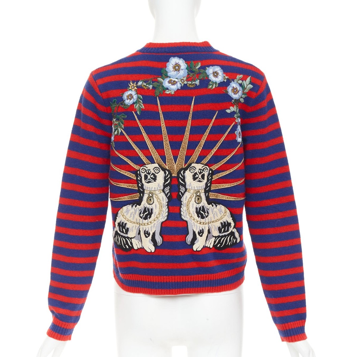 GUCCI 2017 Runway wool red blue stripe Tiger Head intarsia crew