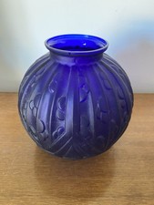 Ancien Vase Boule Art Déco Verre Moulé Bleu Tchèque Décoration Vintage #C281