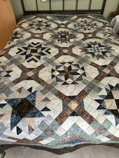 HAND Quilted Batik Quilt New-Blues and Browns- 89 x 89
