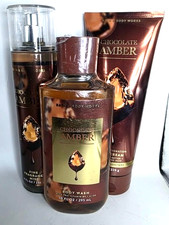 BATH BODY WORKS CHOCOLATE AMBER FINE FRAGRANCE MIST CREAM BODY WASH 3 PC SET