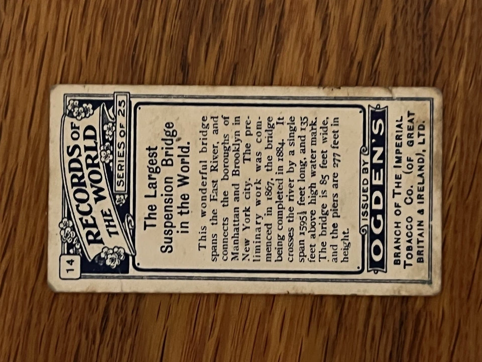Tarjeta de cigarrillo Brooklyn Bridge-rara/original 1908 Ogdens Records of the World #14 Foto 4 de 4