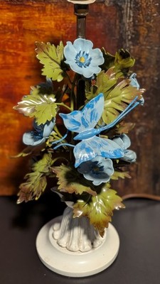 Vintage Toleware Tabletop Lamp Blue Flowers & Butterflies - Tested & Working
