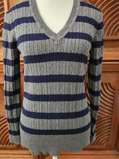 Size L TOMMY HILFIGER Gray Blue Striped Sweater Pullover Womens Long Sleeve