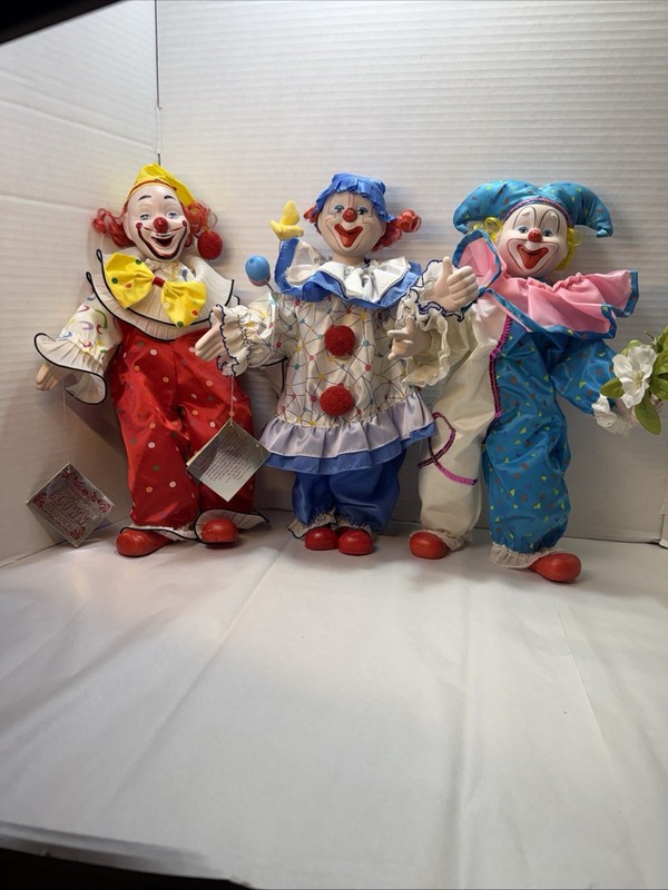 Vintage 1989 Heritage Mint Porcelain Clown Dolls Set of 3 with Original Tags