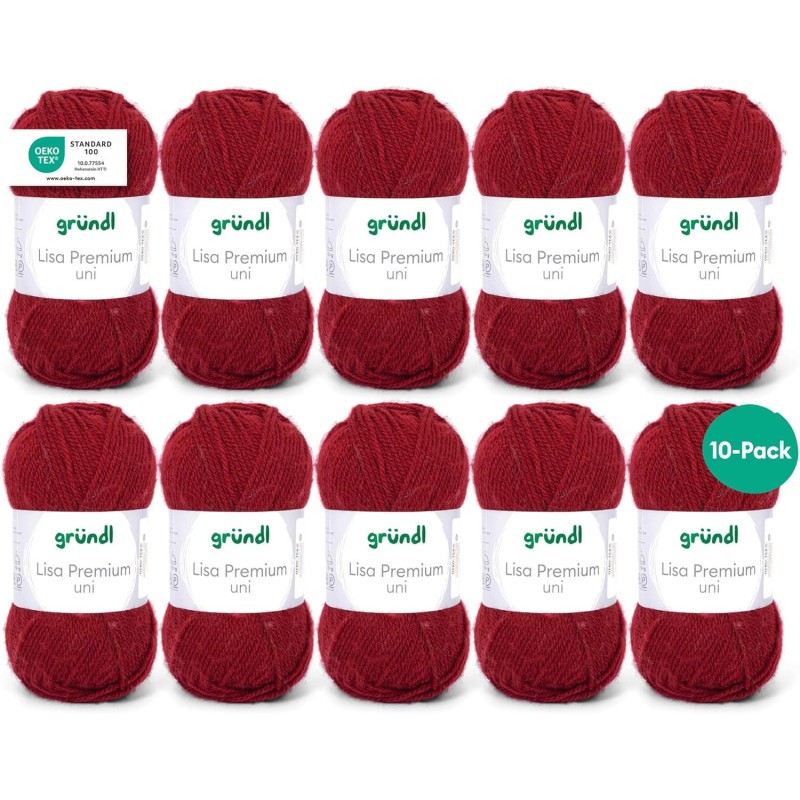 Pelotes laine bordeaux anti-boulochage Gründl Lis | Lot de 10 acrylique doux 3,5-4,5