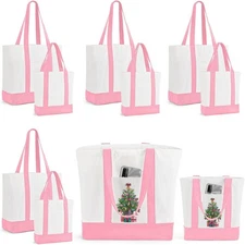 10Pcs Canvas Tote Bag Bulk with Outer Pocket, 12oz Cotton Blank Pink 
