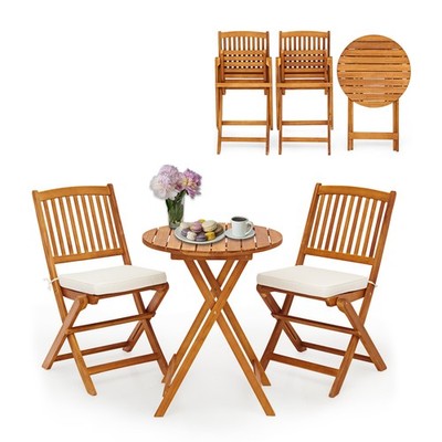 Topbuy 3 PCS Patio Bistro Set Acacia Wood Folding Set w/ Round Coffee Table &