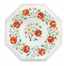 12" Semi Precious Stones Floral Inlay Work Handmade Work Marble Table Top