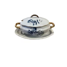 Vintage Royal Crown Blue White Sugar Gravy Bowl 1446 Antique 