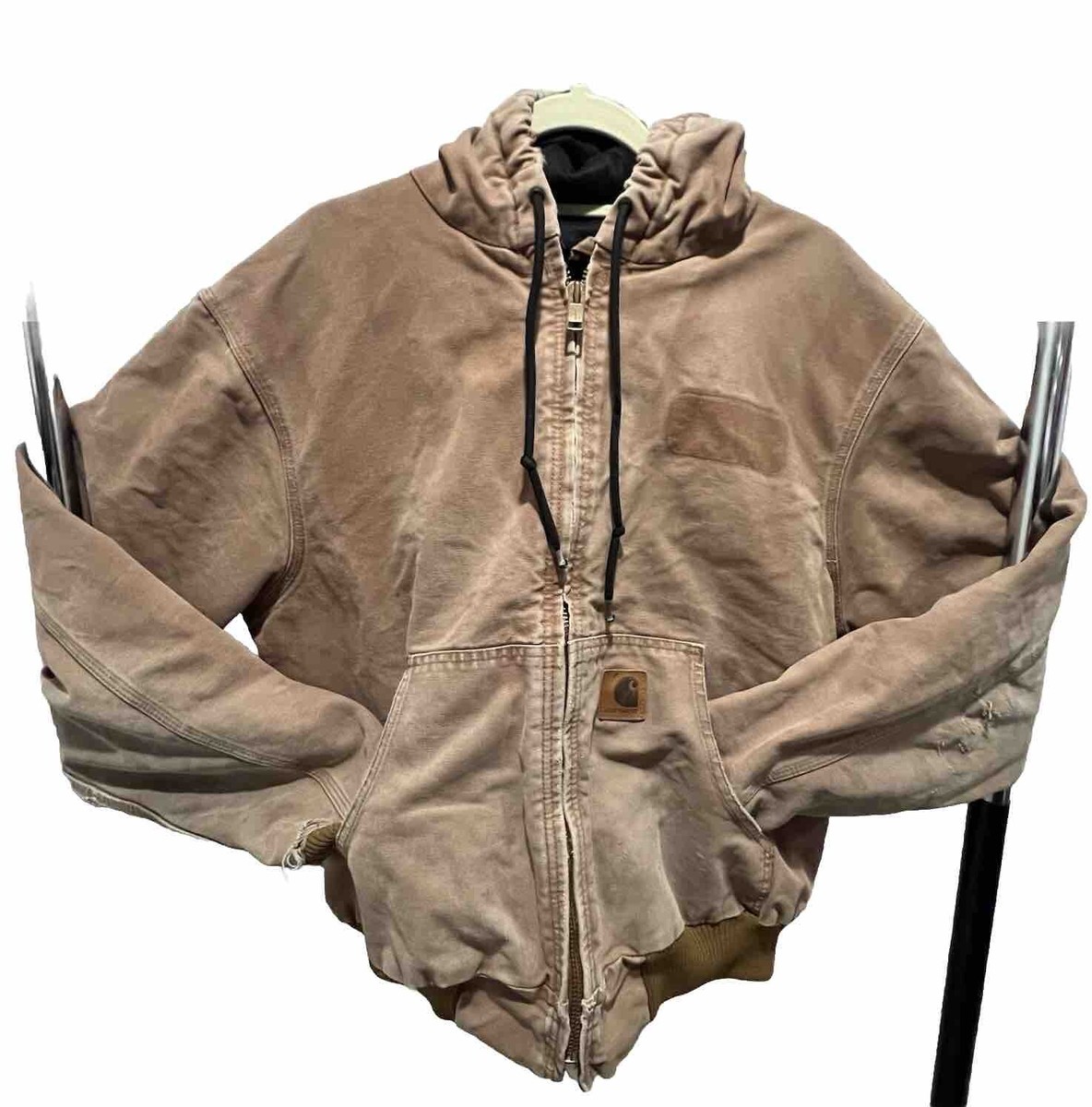 Carhartt Hooded Zip Duck Canvas Tan Coat L Made In Mexico Used