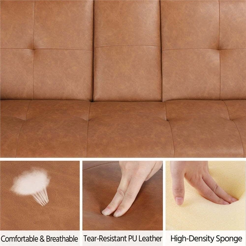 Renwick LuxuryGoods Modern Faux Leather Futon with Cupholders and Pillows, Brown - Picture 3 of 3