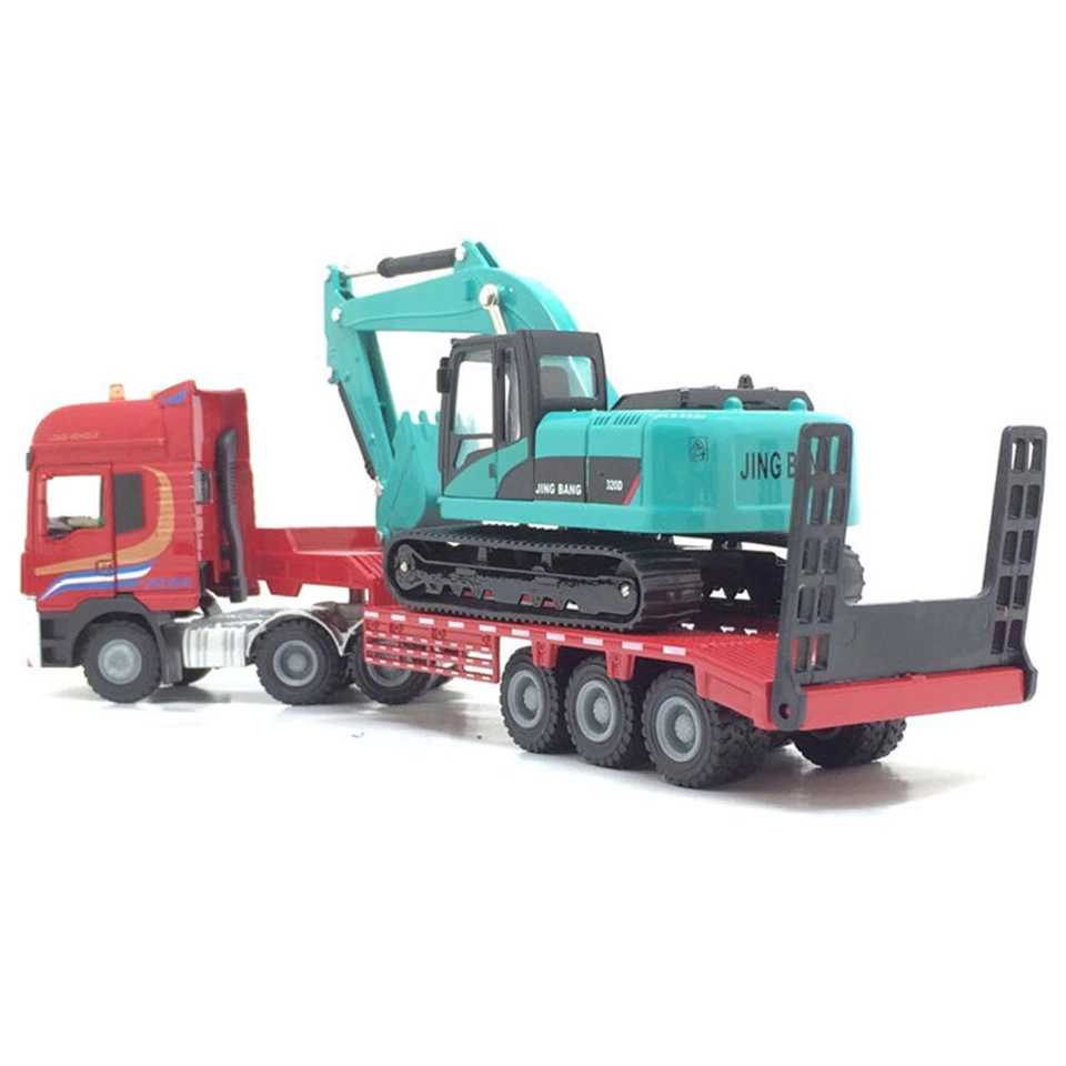 1:50 Flatbed Truck Toy with Excavator Construction Equipment Diecast Model Set - Image 2 of 4