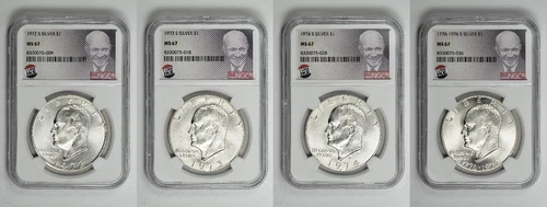 1972 - 1976 S $1 Silver Ike Dollar NGC MS 67 Four Coin Lot with Exclusive Label