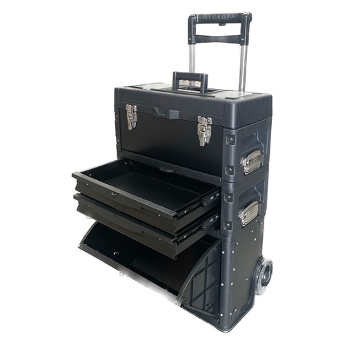 Lockable Rolling Tool Box on Wheels 3 Compartment Combination Telescopic Handle - Picture 6 of 13