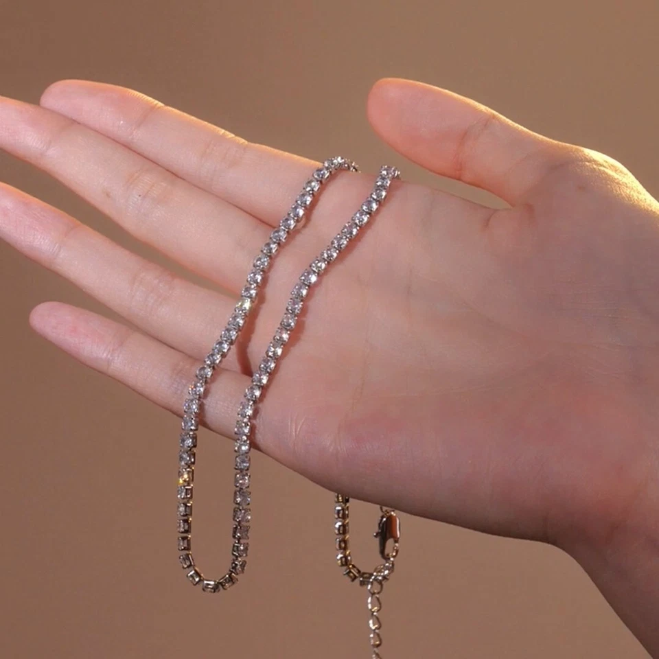 18k white gold gf silver cz cubic zirconia round cut tennis necklace 42 to 47 cm Foto 4 de 4