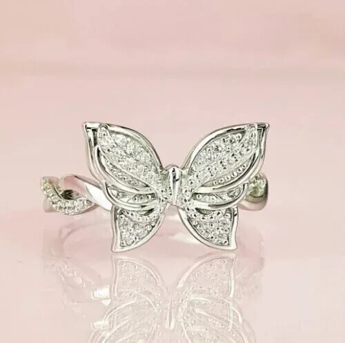 Butterfly Engagement Ring 2Ct Simulated Diamond 925 White Real Sterling Silver-image