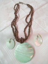 Necklace  Earrings set carved dyed green Shells wooden beads