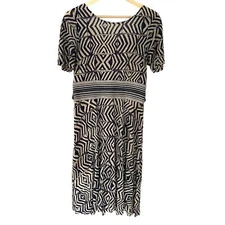 Plenty by Tracy Reece Navy Blue Cream Linen Short Sleeve Belt Midi Dress Size L