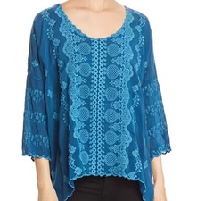 Johnny Was Analuisa Embroidered Top Tunic Blouse Teal Blue Medium