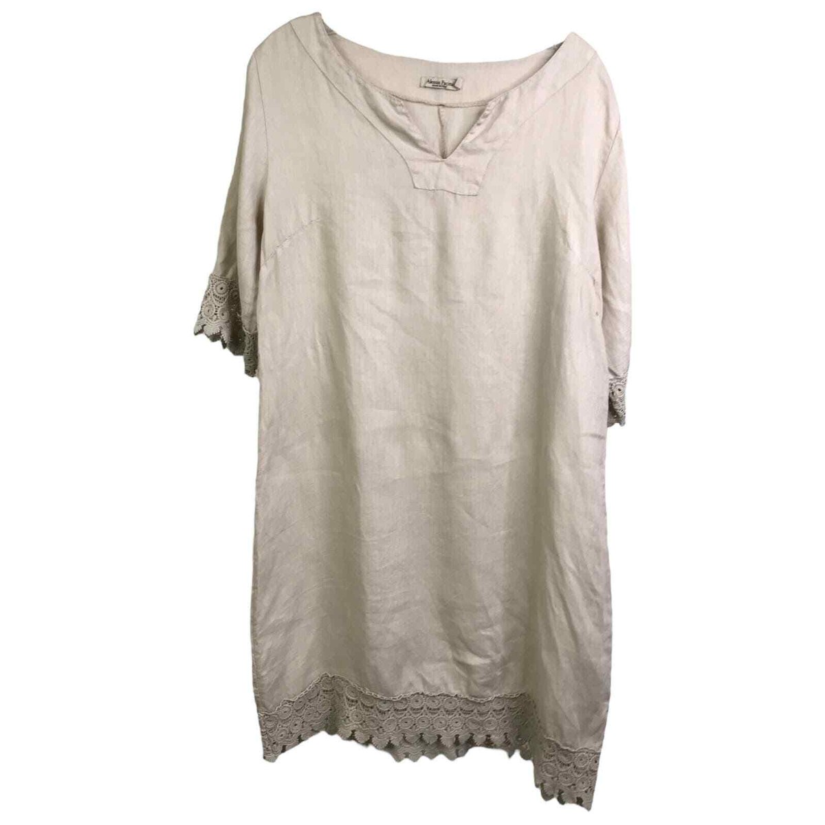 Alessia Pacini Linen Shift Tunic Dress Womens M Tan Short Sleeve Lace Cotton