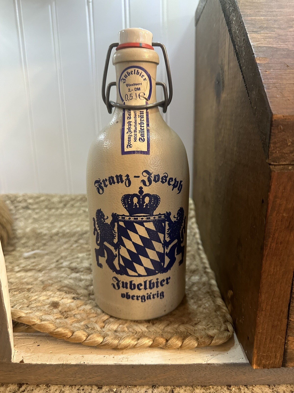 Franz Joseph Jubelbier German Stoneware Beer Bottle with Porcelain