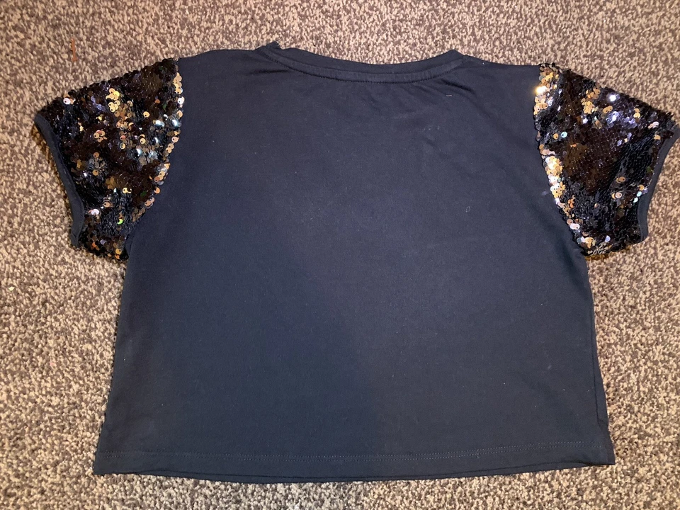 M&Co Girls Kylie Glitter Sequins Sleeve Crop Top T Shirt - Size 11-12 - Image 3 of 4