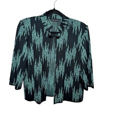Ming Wang M PETITE black teal blue abstract printed cropped knit lady jacket wmn