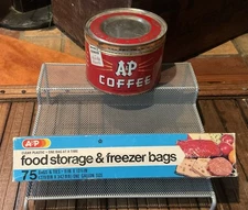 Vintage A&P (2) - 50’s COFFEE COFFEE TIN CAN w/ LID & NOS Food Storage Bags Box