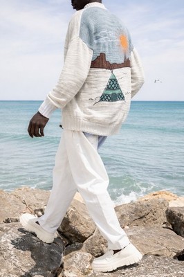 LUCQUES Men Cardigan White Knit Desert Back Graphic Linen Blend IT 48 Cactus Sun