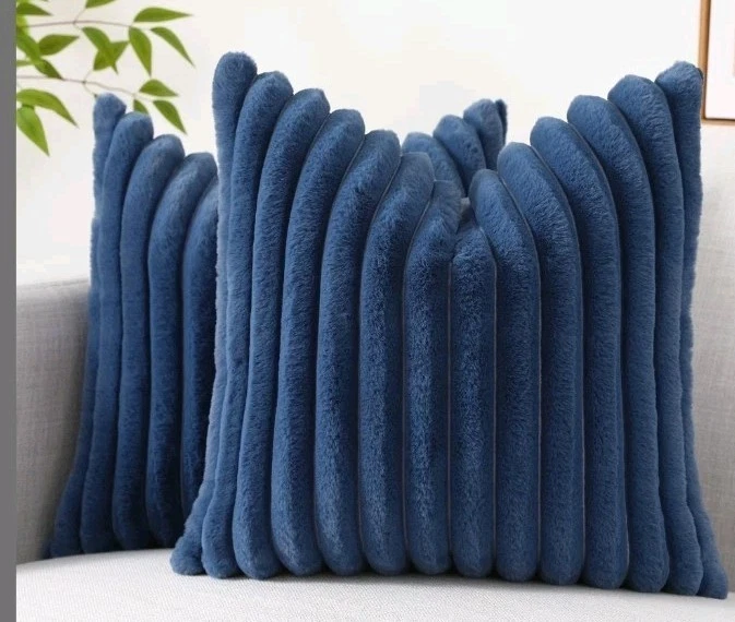 2 Faux Fur Throw Pillow Covers 18x18 Striped Velvet Blue Soft Zip Enclosure  - Image 2 of 4