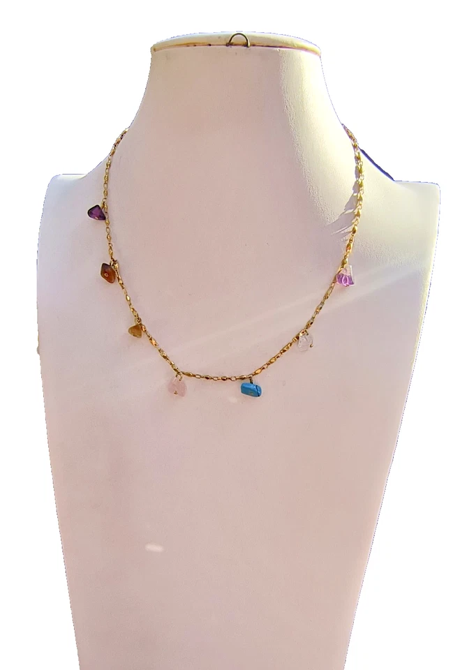 Collar Avon Chakra 2001 tono dorado 15-18" piedras reales nuevo en caja #183 Foto 3 de 4